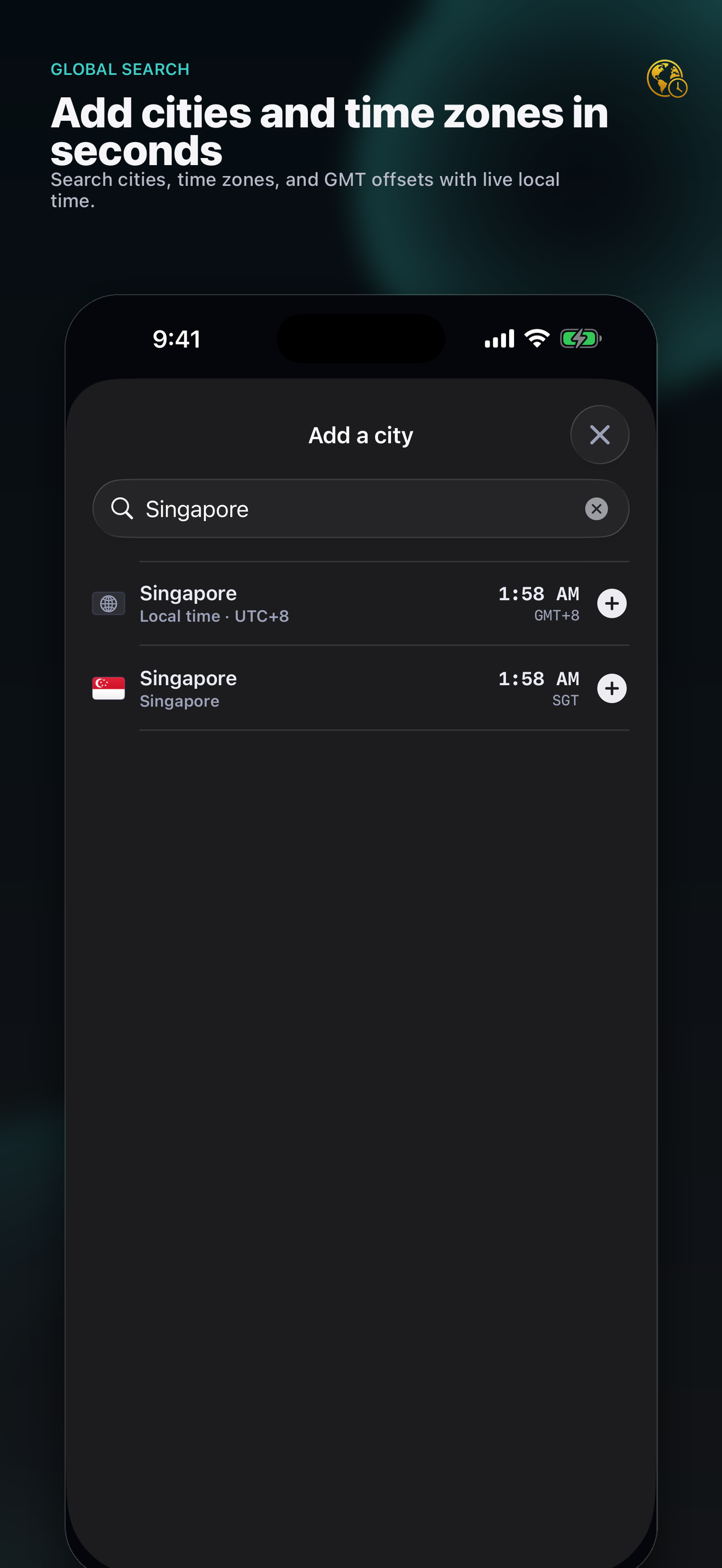 Add cities and time zones search screenshot