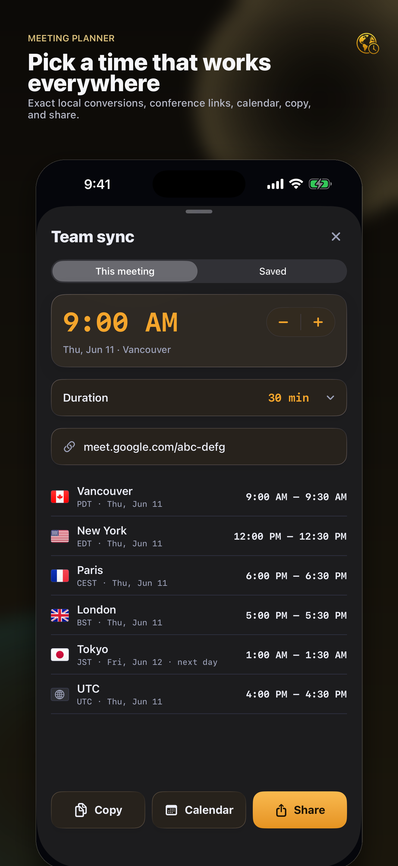 Meeting planner with local conversions screenshot