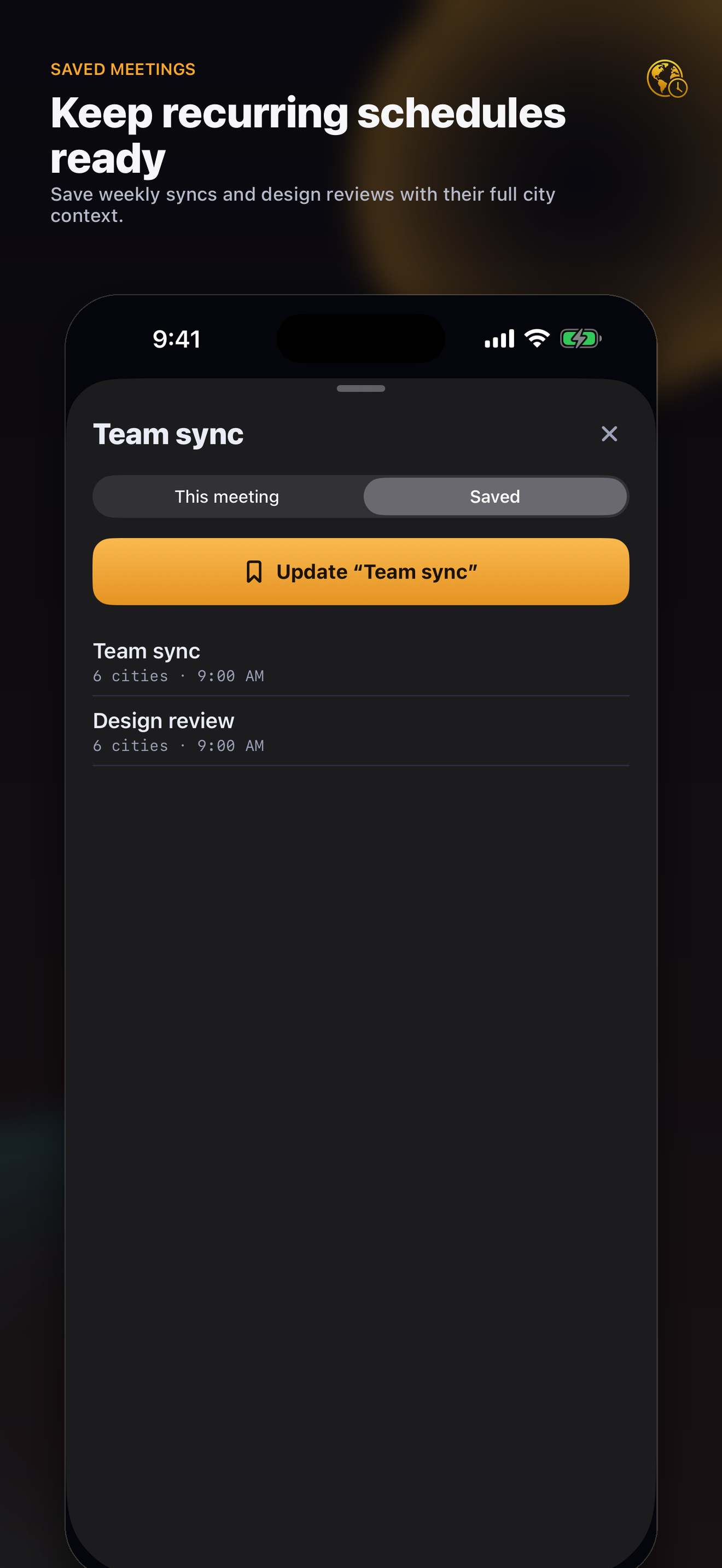 Saved meetings screen screenshot