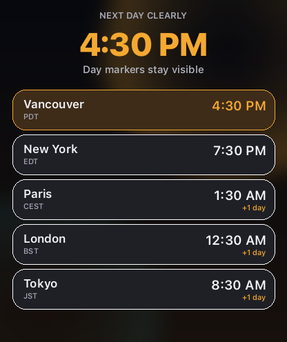 Apple Watch next day list showing converted meeting times